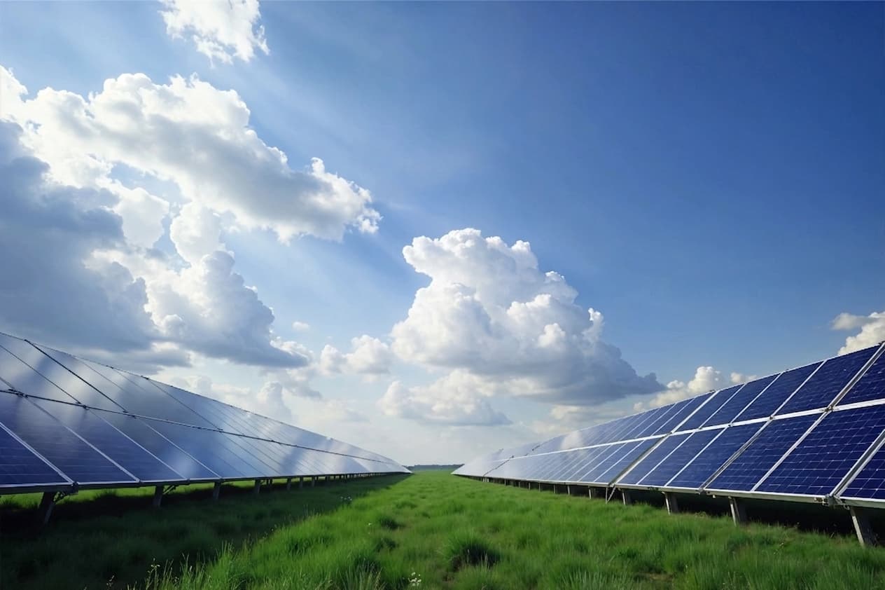 Wind turbines and solar panels representing renewable energy